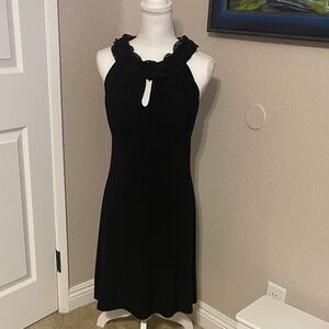 Elegant Black Midi Dress with Ruffled Neckline